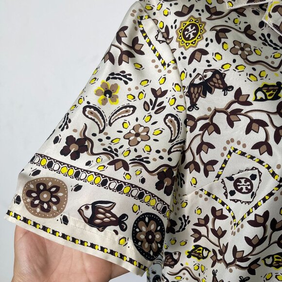 Tory Burch Women's White Brown Button Down Short Sleeve Pattern Shirt Silk 0 - Picture 9 of 10